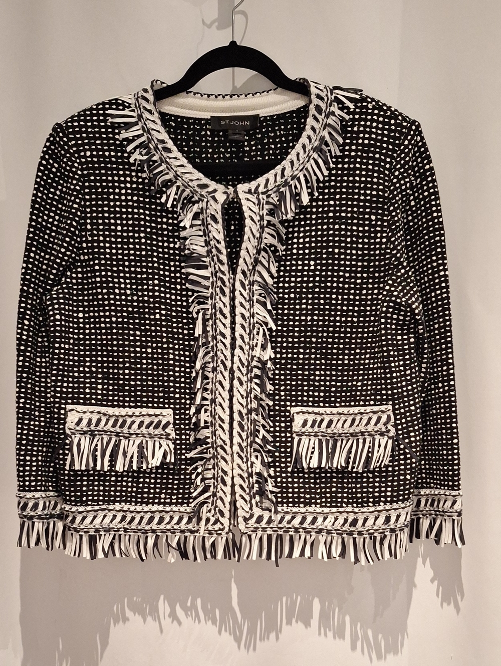 St. John Black & White Fringe Wool Blend Knit Cardigan Sweater